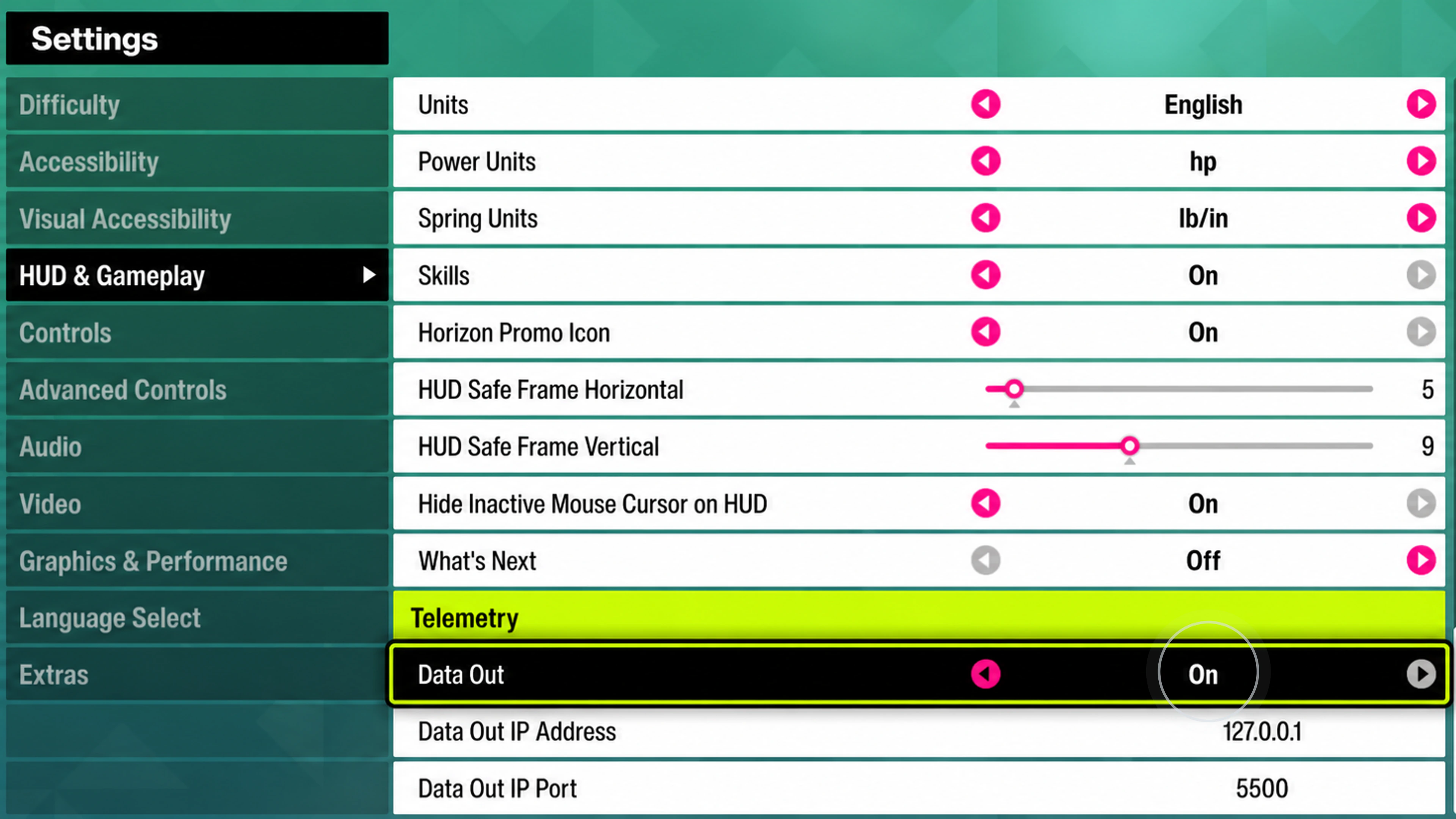 Forza Horizon 6 HUD and Gameplay settings with Data Out enabled for local telemetry