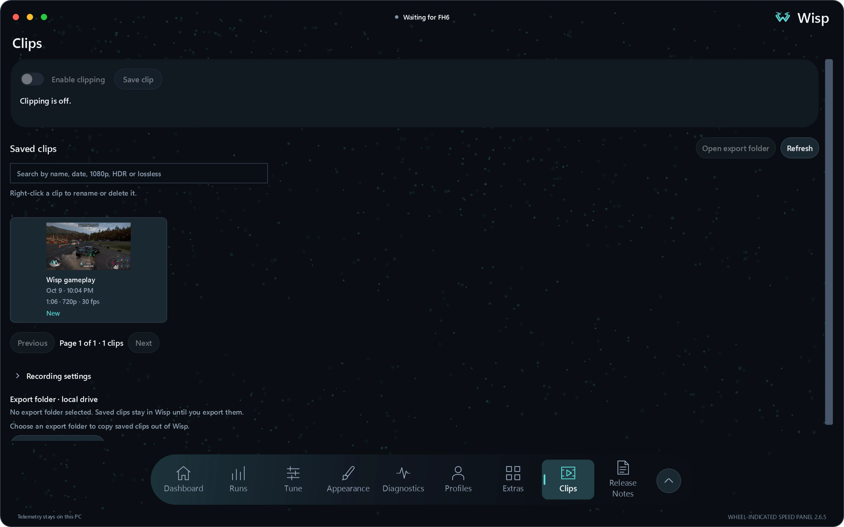 Wisp Clips showing the saved clip library, search field and recording options