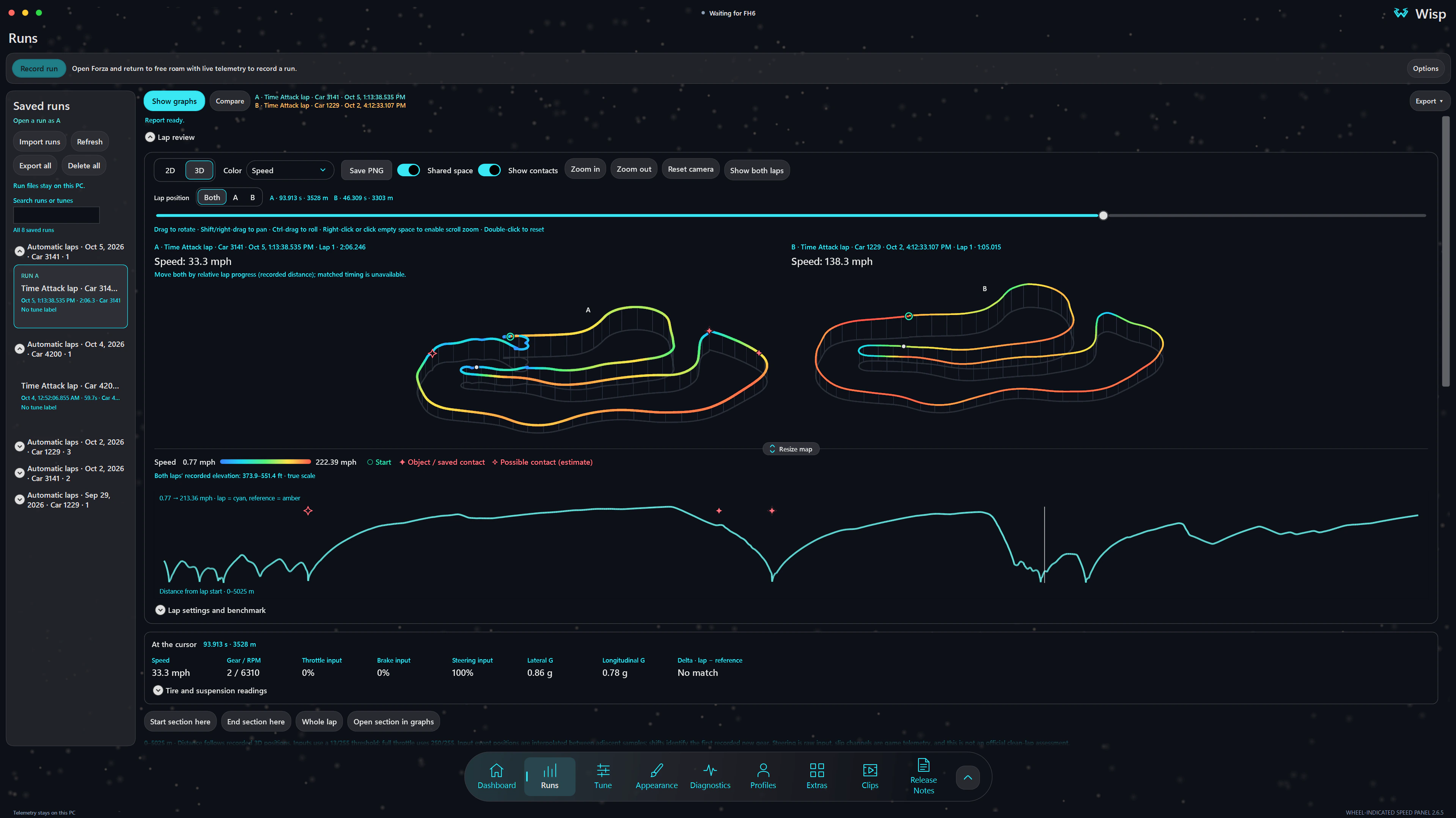Wisp lap review with two recorded laps side by side in 3D, a shared speed legend and a telemetry graph
