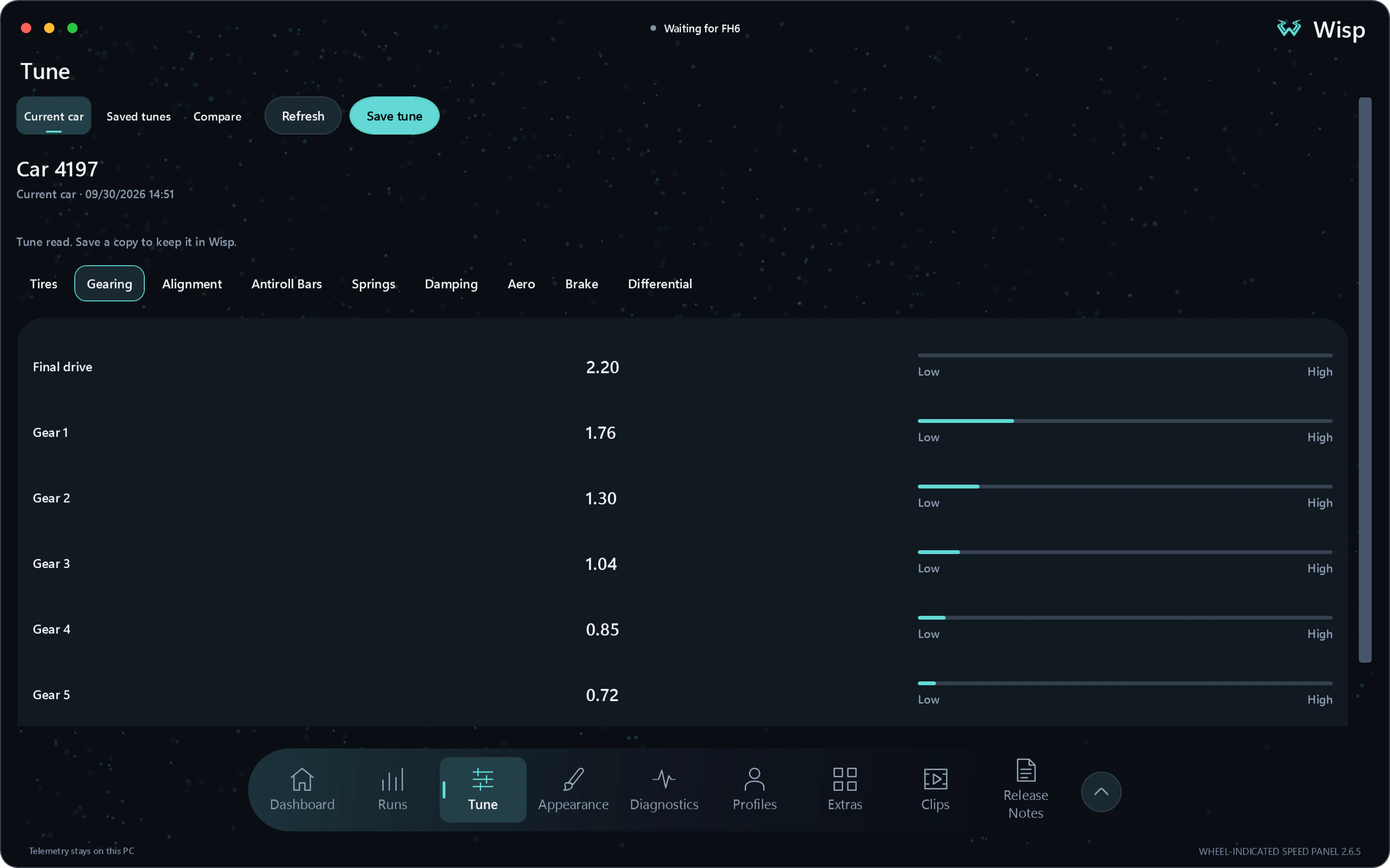 Wisp Tune viewer displaying an example setup