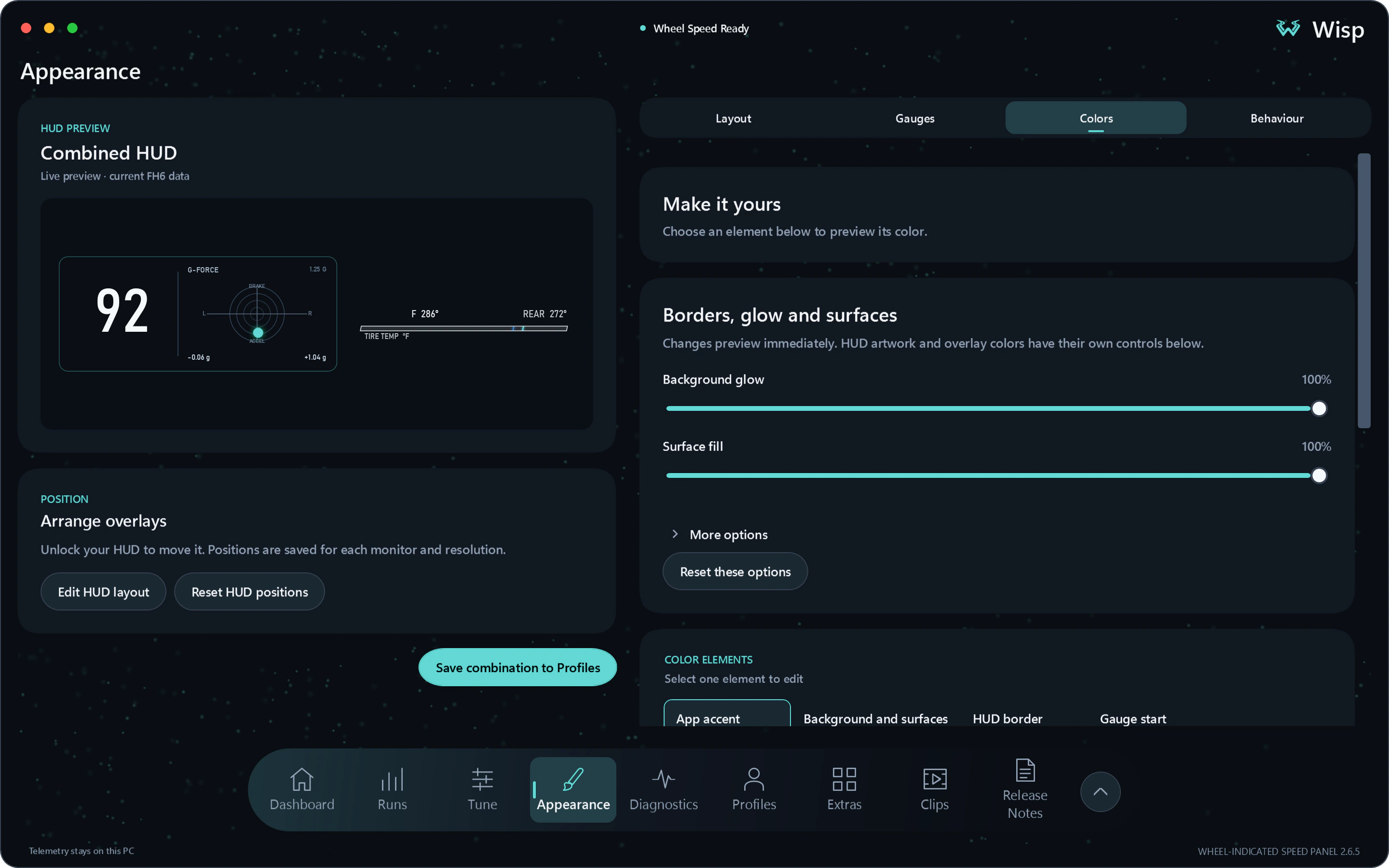 Wisp Appearance page showing a Combined HUD preview and color controls with sample telemetry