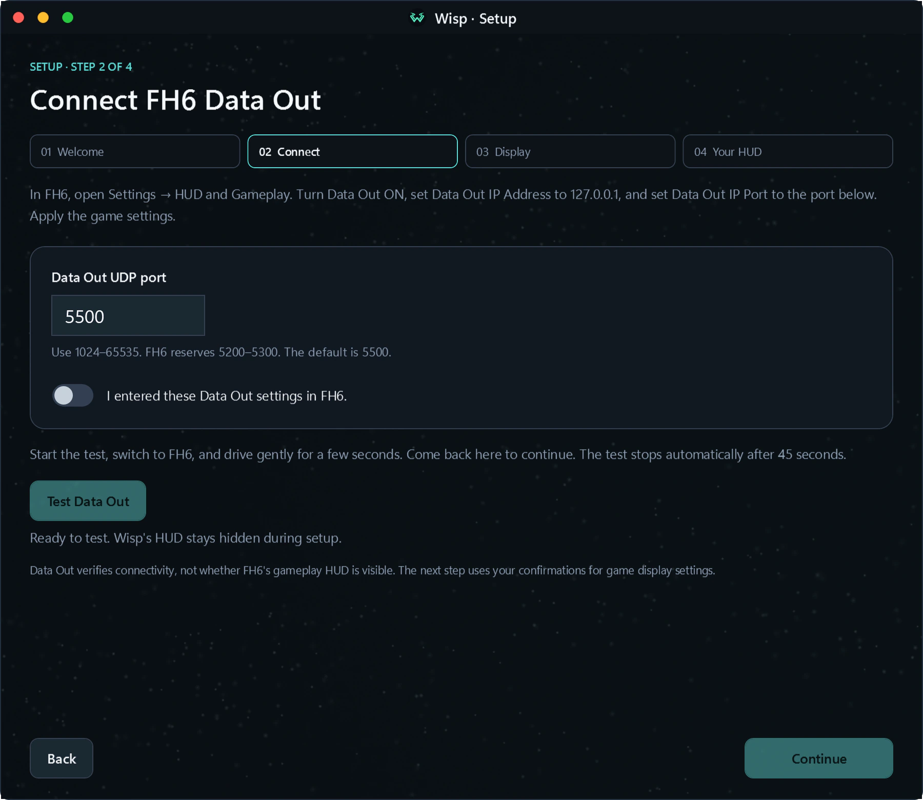 Wisp setup wizard on the Connect step with port 5500 and Test Data Out