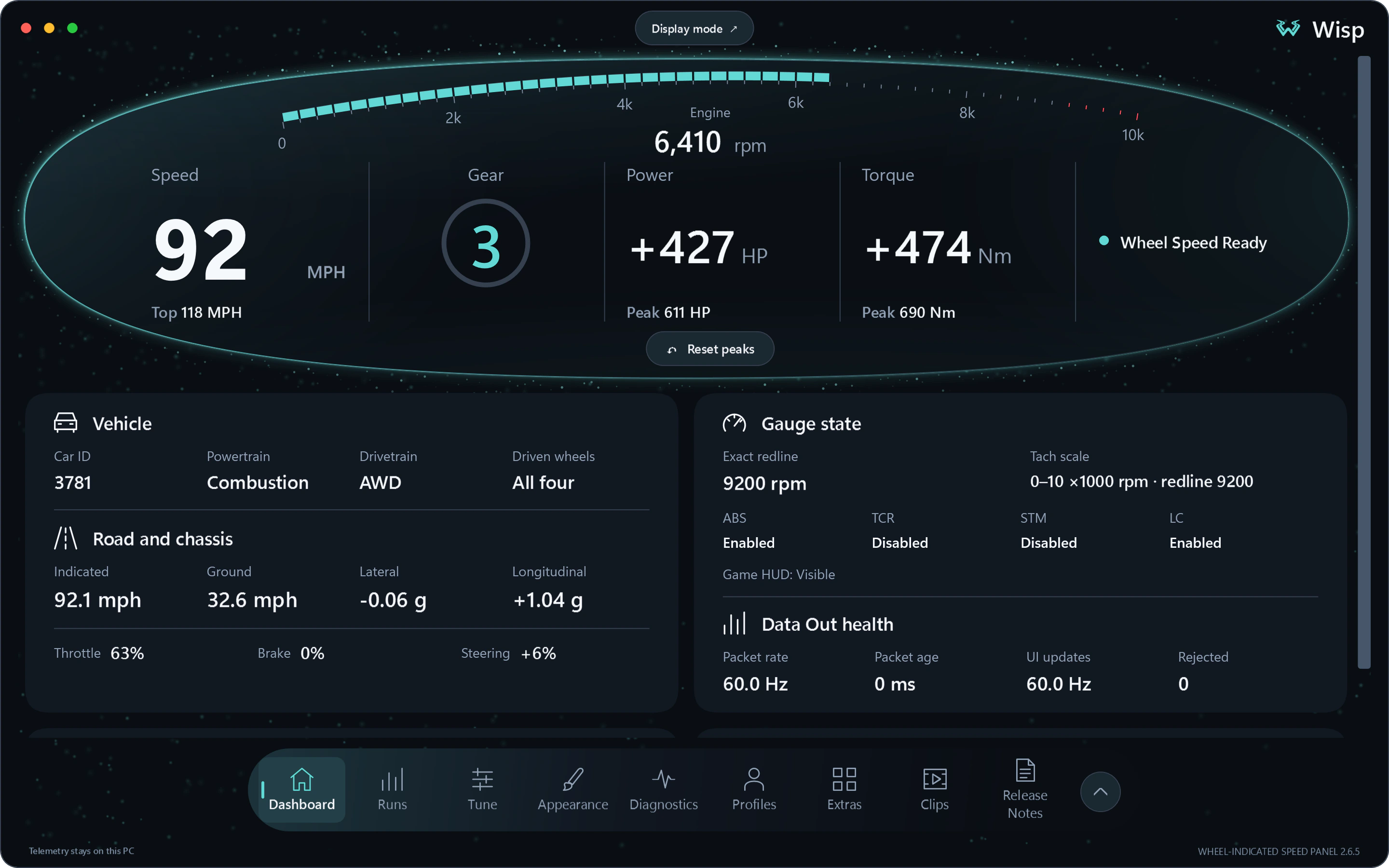 Wisp dashboard showing speed, RPM, gear and vehicle readings with sample telemetry