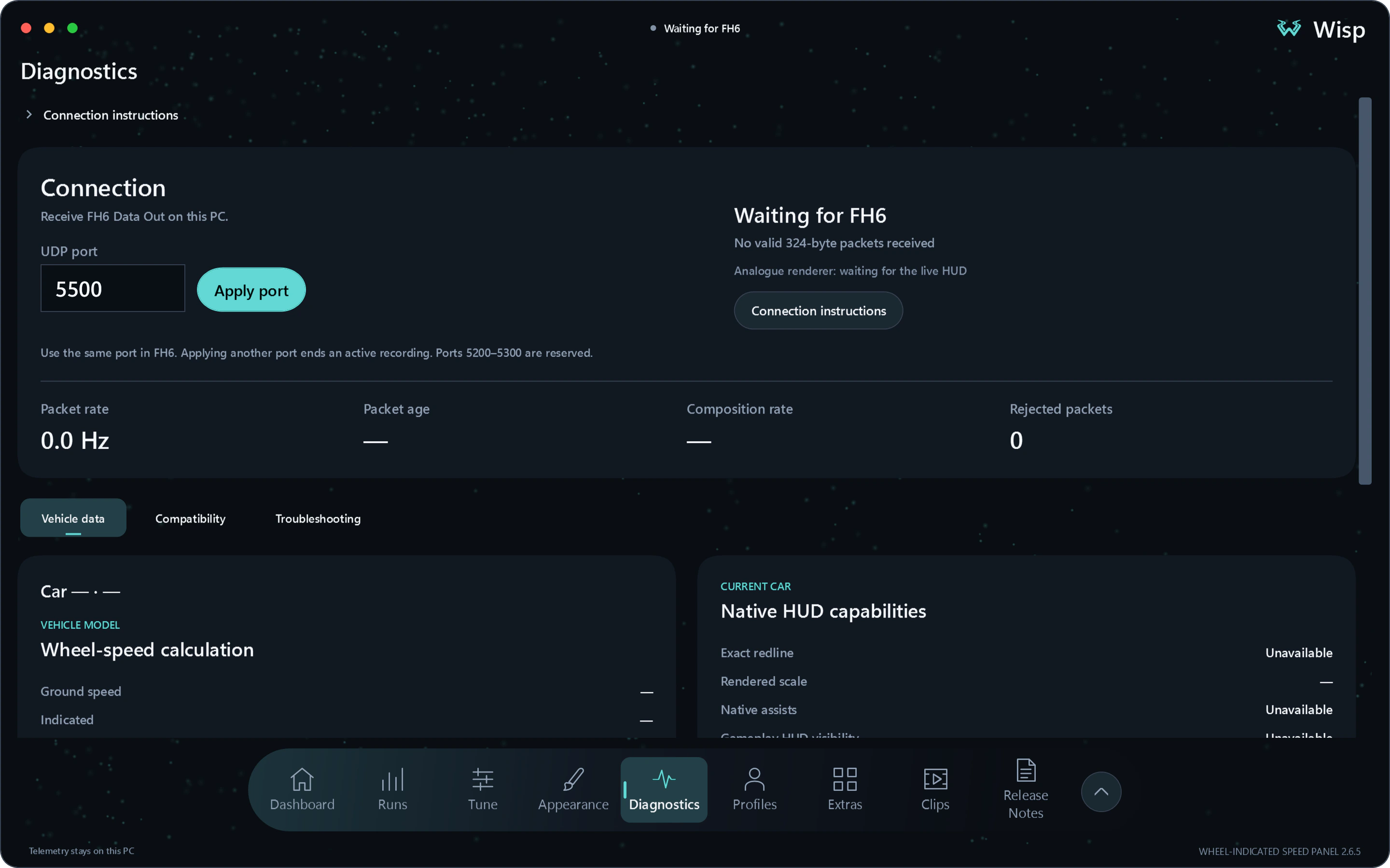 Wisp Diagnostics page showing connection and vehicle information