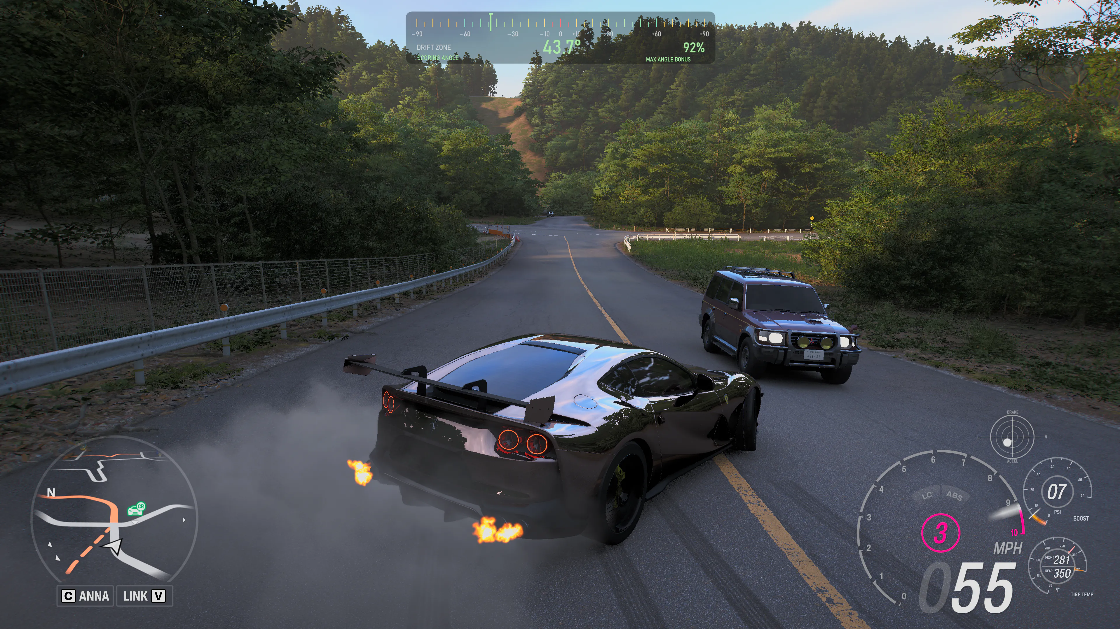 Forza Horizon 6 road drift with Wisp showing 43.7 degrees and 92 percent of maximum angle bonus