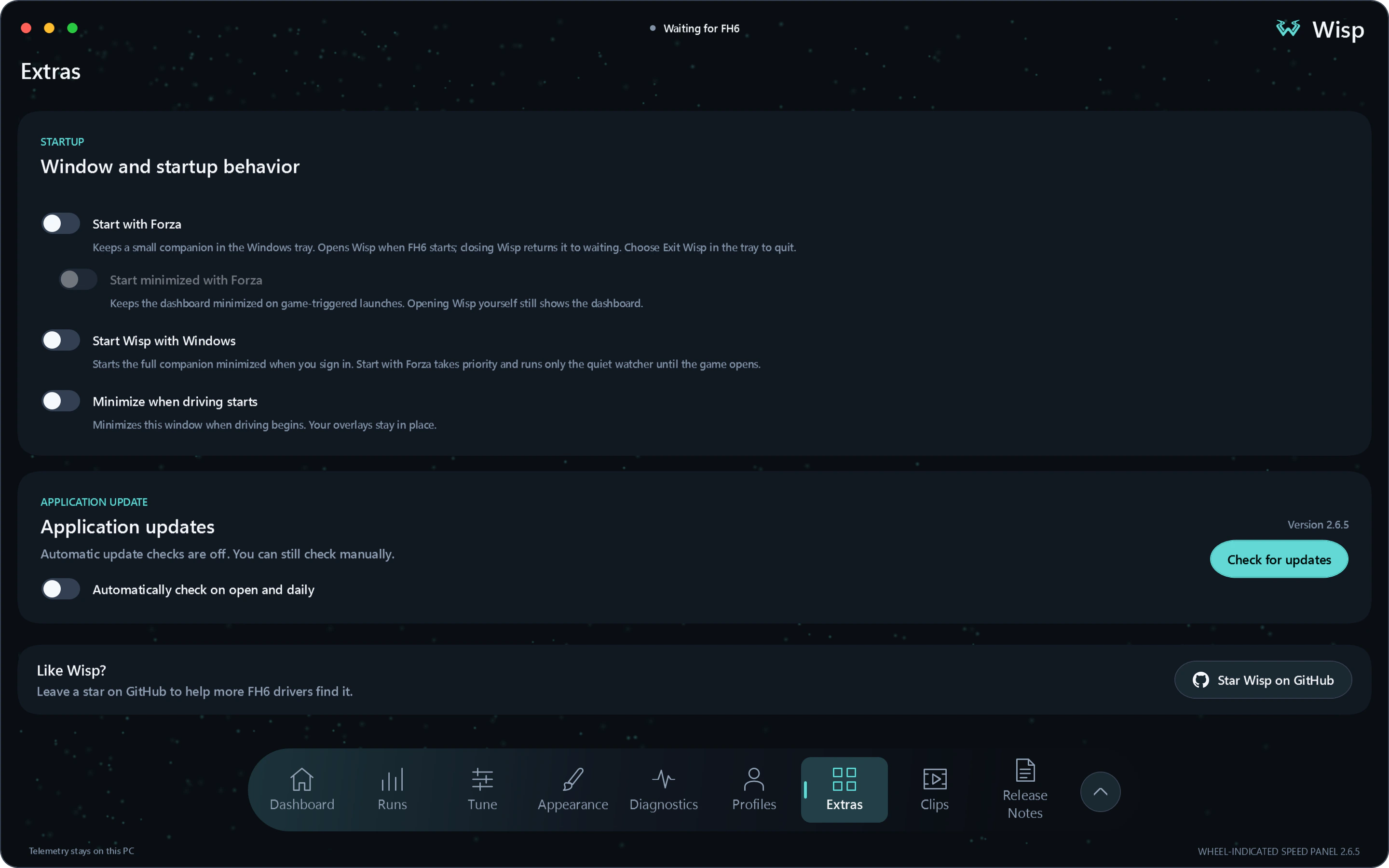 Wisp Extras page with startup, update and application preferences