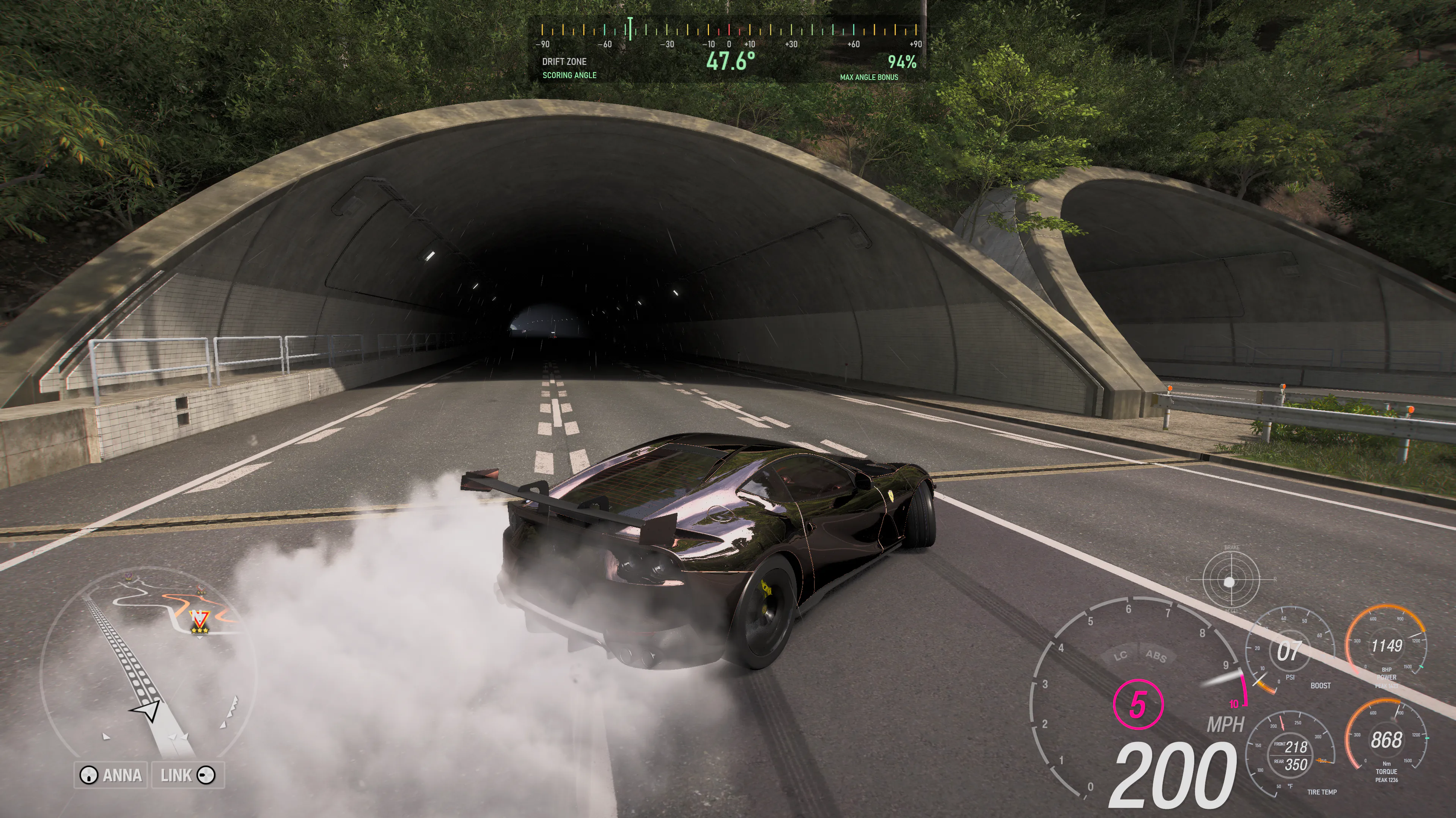 Forza Horizon 6 gameplay with Wisp's Native Analogue HUD, attached boost, BHP, tire-temperature and torque dials, and drift angle guidance
