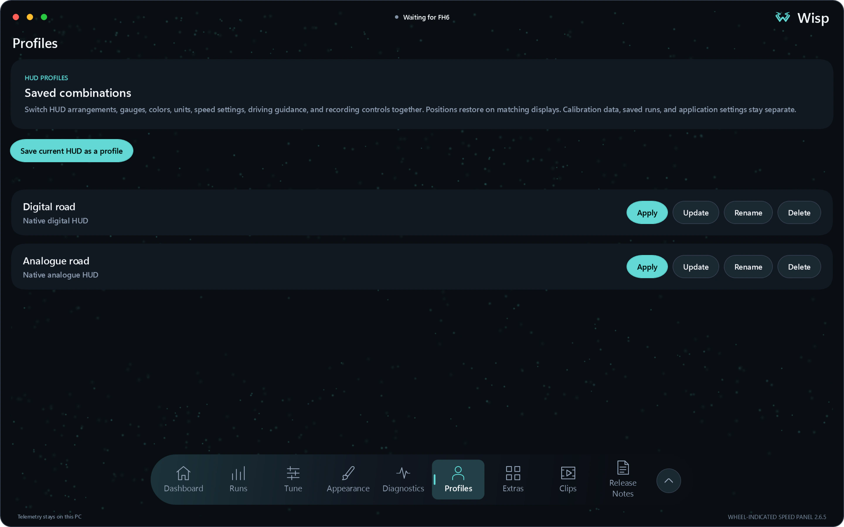 Wisp Profiles page showing saved HUD layouts and profile controls