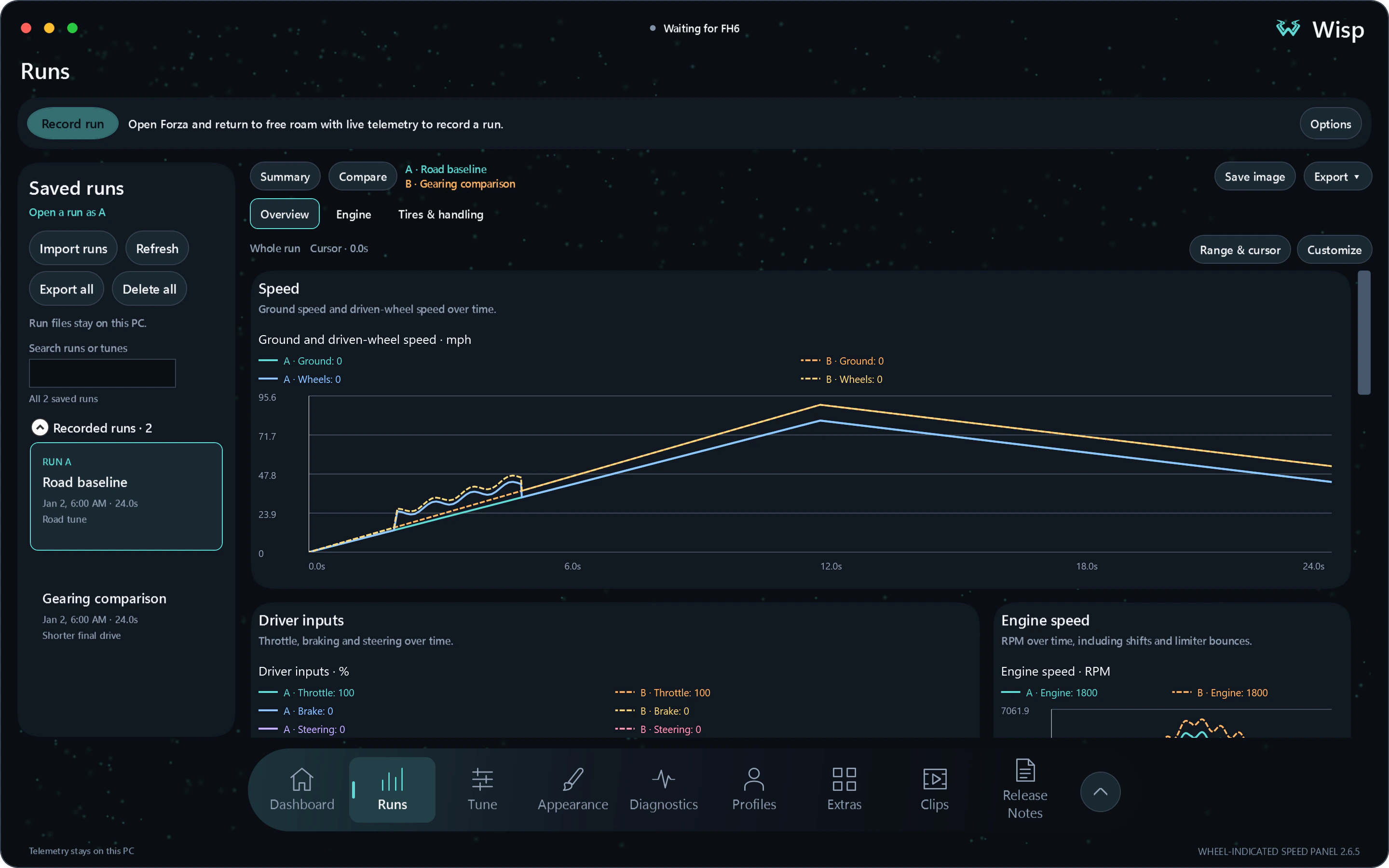 Wisp Runs workspace comparing two example runs with separate telemetry colors