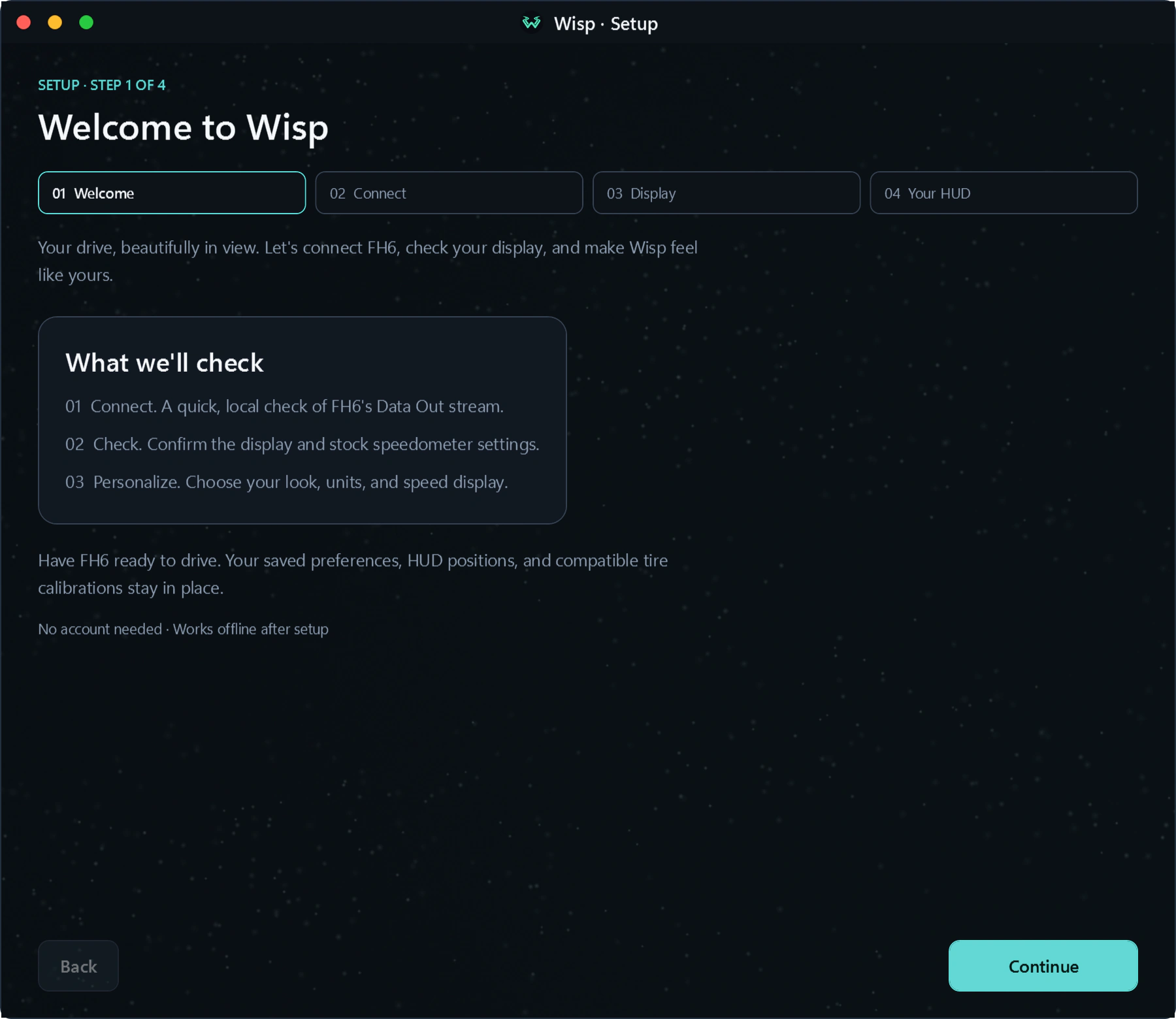 Wisp first-run setup wizard on the Welcome step
