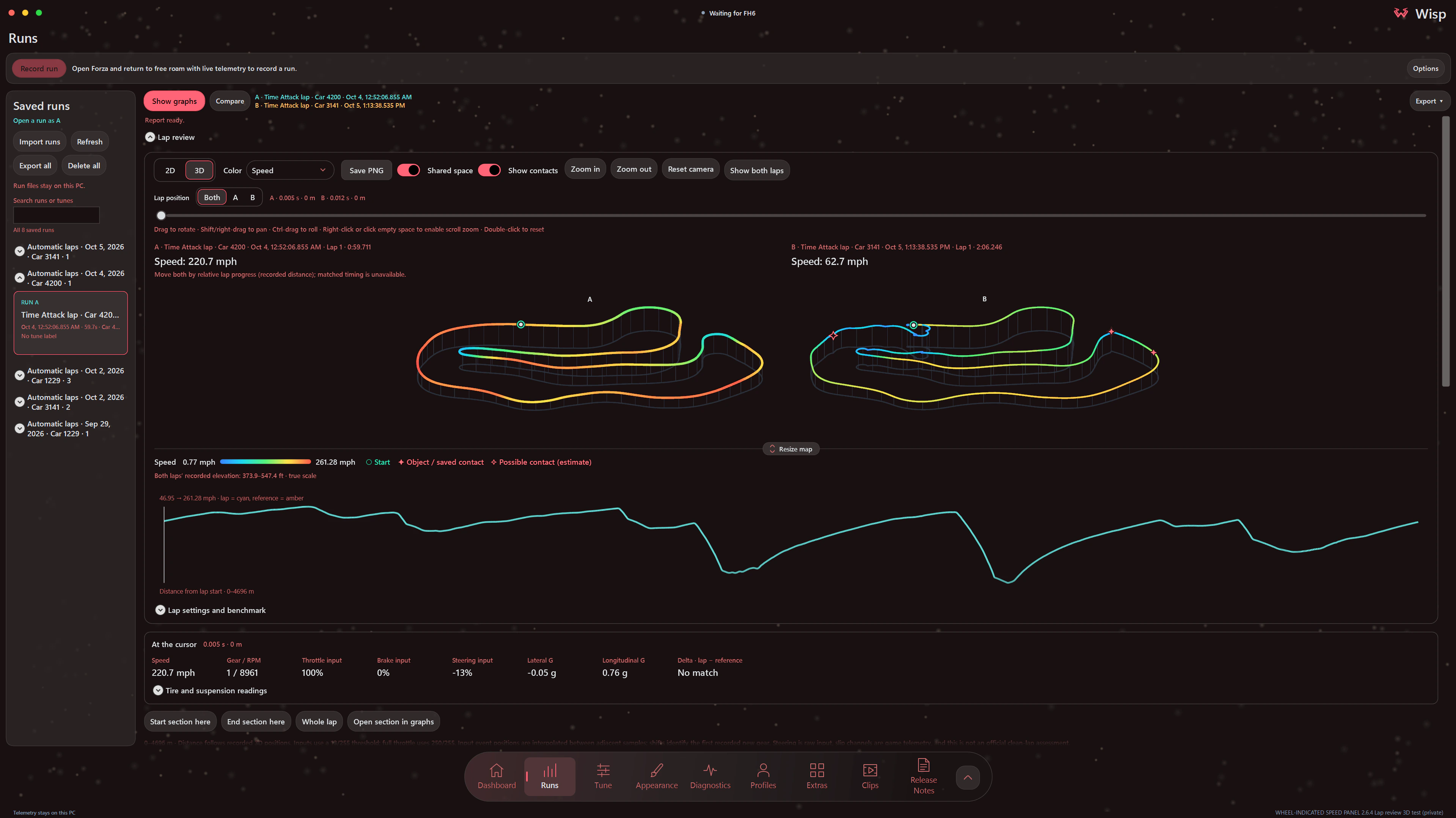 Wisp lap review with two recorded laps side by side in 3D, a shared speed legend and a telemetry graph